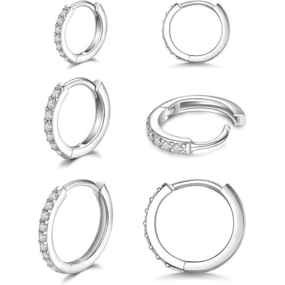 925 Sterling Silver Small Hoop Earrings Cubic Zirconia Huggie Hoop Earrings - Picture 1 of 7
